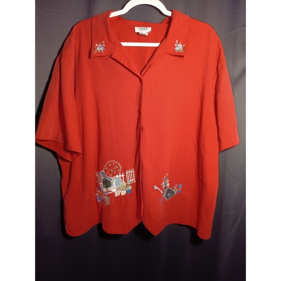 Teddi Tops - Red Cottagecore Spring Summer Garden Collar Button Up Teddi 2X Short Sleeve